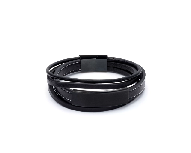 Bransoletka męska z czarnej skóry z elementem ozdobnym z ciemnej stali