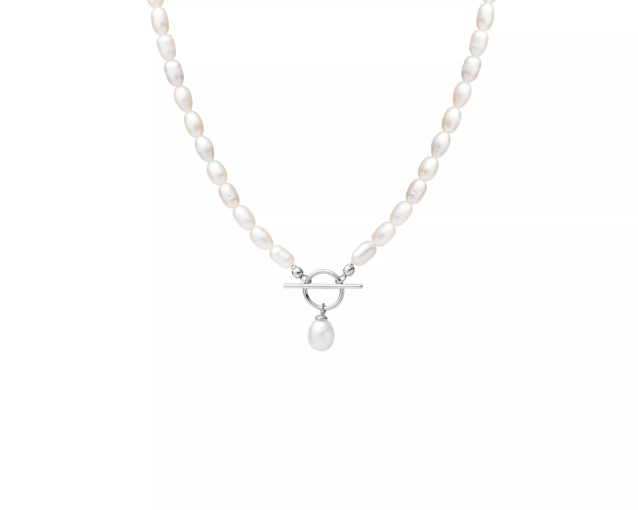 Naszyjnik srebrny z białymi perłami i zapięciem toggle