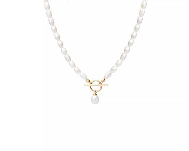 Naszyjnik srebrny pozłacany z perłami i zapięciem toggle