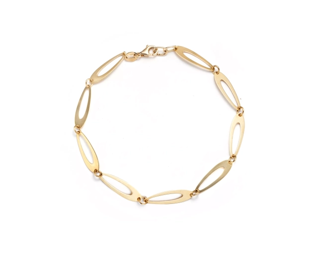 Złota bransoletka segmentowa z blaszkami w kształcie migdałów zapinana na karabińczyk