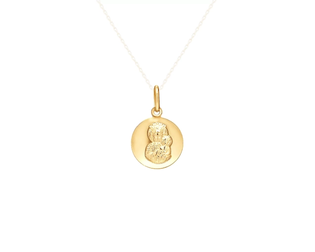 Zawieszka złota medalik komunijny okrągły na wysoki połysk z Matką Boską z dzieciątkiem