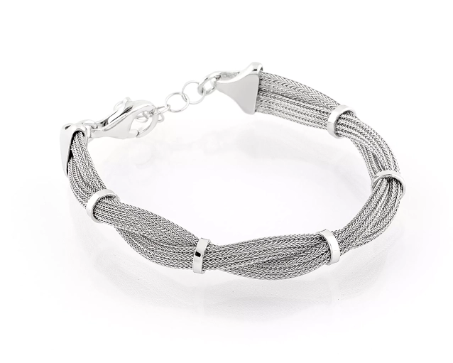 Bransoletka srebrna ze splotem lisi ogon i dwoma sznurami skręconymi i połączonymi ozdobnymi obrączkami