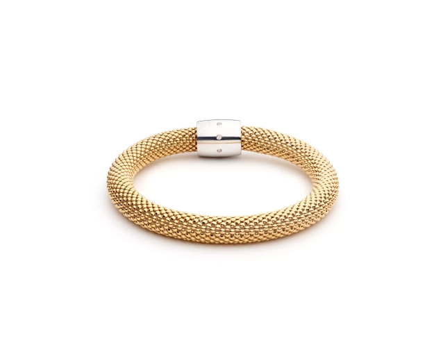 Bransoletka srebrna pozłacana gruba sztywna ze splotem z kuleczek zapinana magnetycznie