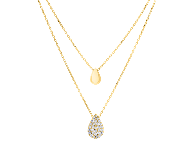 Naszyjnik srebrny pozłacany podwójny z wisiorkami w kształcie kropli ozdobionymi cyrkoniami