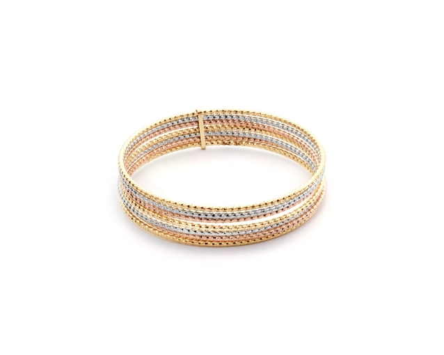 Bransoletka złota sztywna tricolor z wielu cienkich bransoletek o karbowanej powierzchni