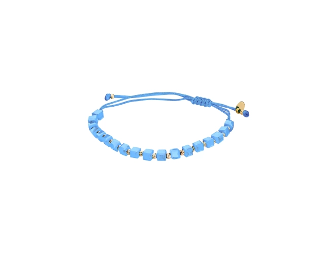 Bransoletka złota sznurkowa z sześciennymi koralikami i kuleczkami z żółtego złota błękitny sznurek