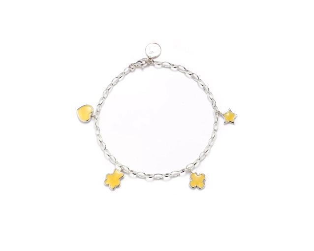 Bransoletka srebrna z bursztynowymi zawieszkami w kształcie gwiazdek i kwiatów