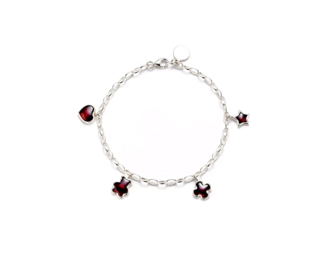 Bransoletka srebrna z bursztynowymi zawieszkami w kształcie serca