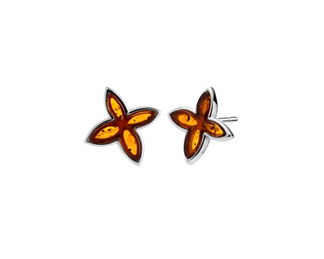 Kolczyki srebrne z bursztynem w kształcie kwiatu, eleganckie i stylowe