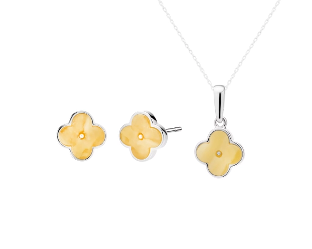 Komplet biżuterii srebrnej z żółtym bursztynem – kolczyki i zawieszka w kształcie kwiatów