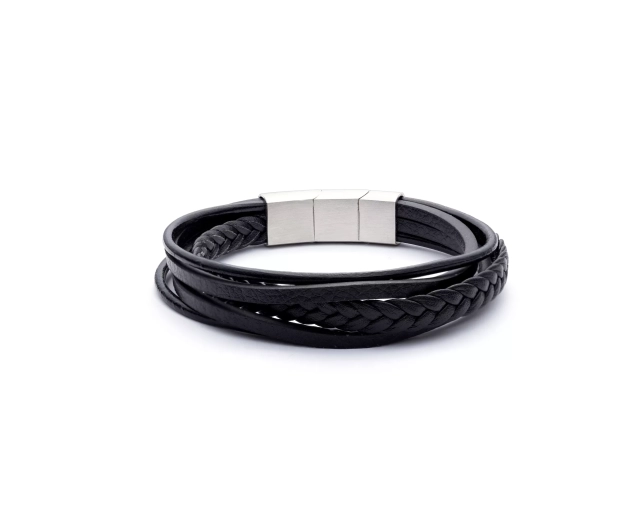 Bransoletka męska skórzana czarna z plecionymi i gładkimi paskami, elegancka i nowoczesna