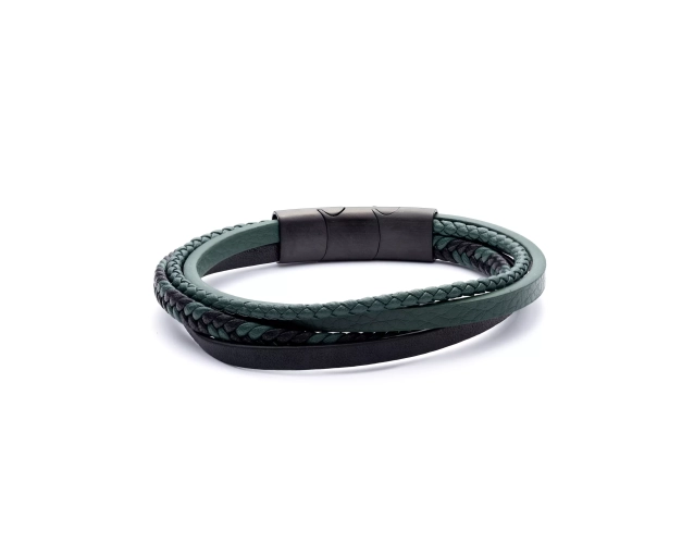 Bransoletka męska skórzana czarno-ciemnozielona z plecionymi detalami i czarnym stalowym zapięciem, elegancka i stylowa