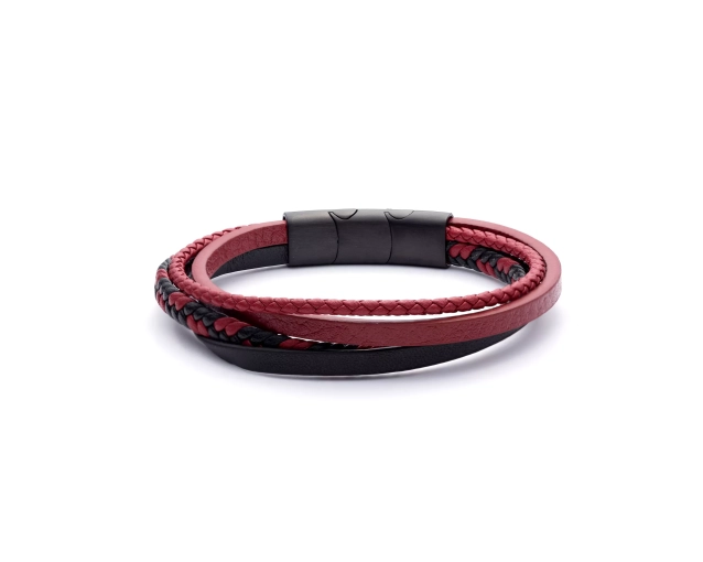 Bransoletka męska skórzana czarno-czerwona z plecionymi detalami i czarnym stalowym zapięciem, stylowa i elegancka
