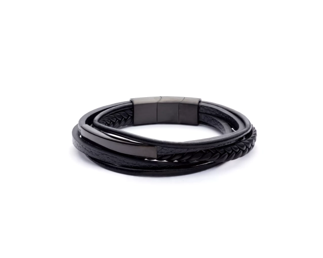 Bransoletka męska skórzana czarna z elementem stalowym, elegancka i nowoczesna