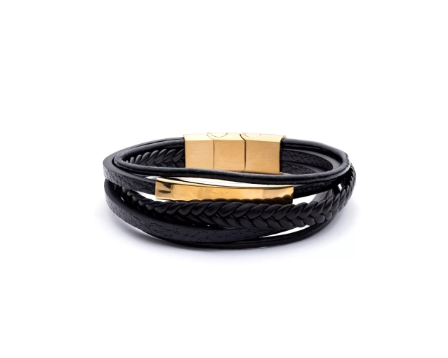 Bransoletka męska skórzana czarna z elementami stalowymi, stylowa i elegancka