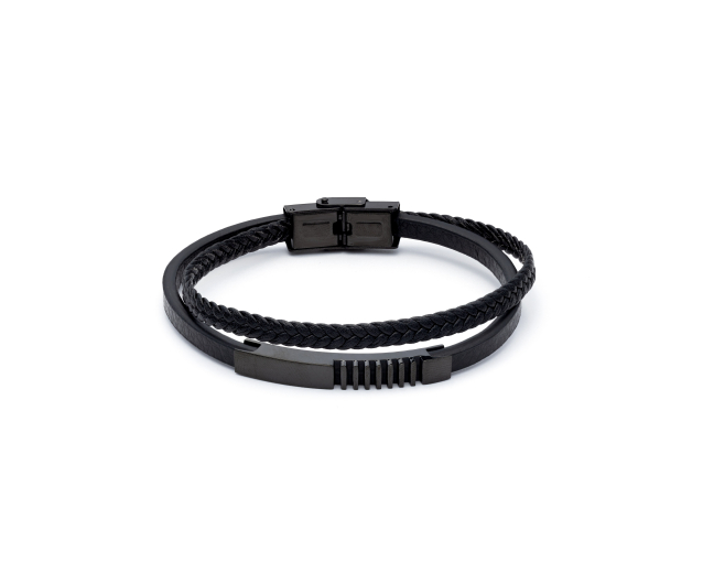 Bransoletka męska skórzana czarna z dwoma paskami z czarnym stalowym elementem