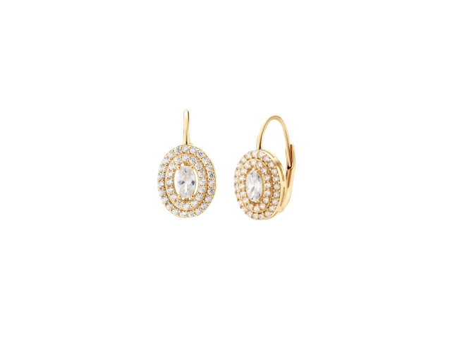 Kolczyki srebrne pozłacane z dużą owalną cyrkonią i błyszczącymi detalami