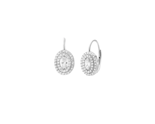 Kolczyki srebrne z dużą owalną cyrkonią i lśniącymi zdobieniami