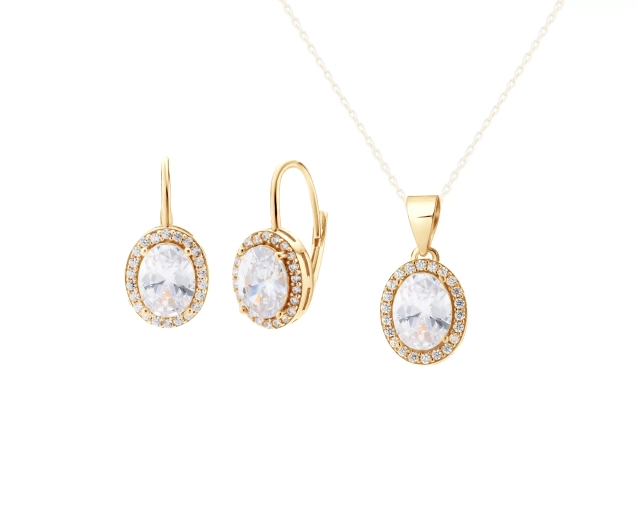 Komplet biżuterii srebrny pozłacany z owalnymi cyrkoniami