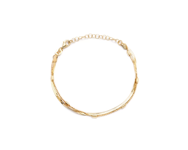 Bransoletka srebrna pozłacana średnia z taśmą i łańcuszkiem w złotym odcieniu