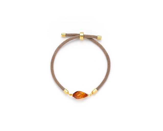 Bransoletka stalowa z bursztynem na beżowym sznurku