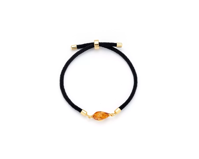 Bransoletka stalowa z bursztynem na czarnym sznurku