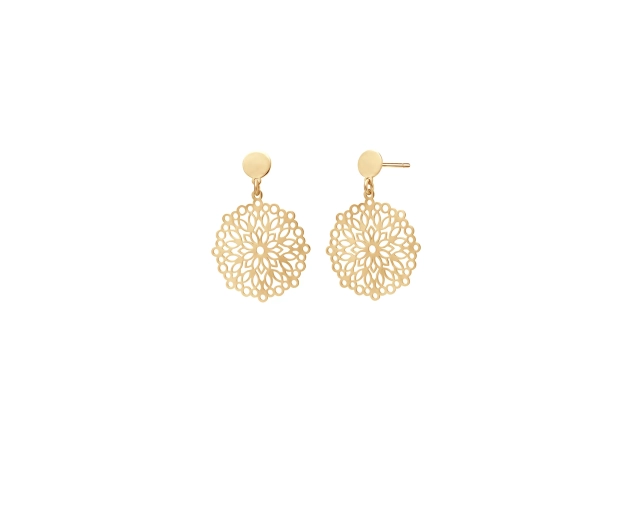 Kolczyki srebrne pozłacane wiszące z okrągłym ażurowym motywem