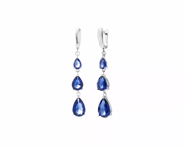 Kolczyki srebrne na biglu harfa długie wiszące z trzema niebieskimi cyrkoniami w kształcie łez