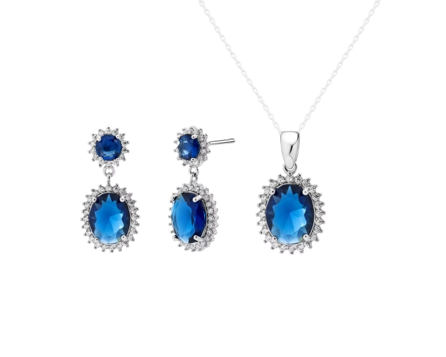 Komplet srebrny z niebieską cyrkonią w dekoracyjnej oprawie