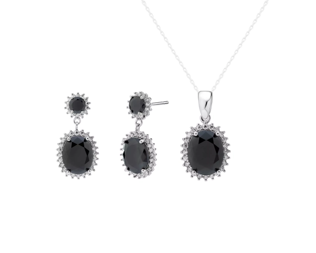 Komplet srebrny z czarną cyrkonią w dekoracyjnej oprawie