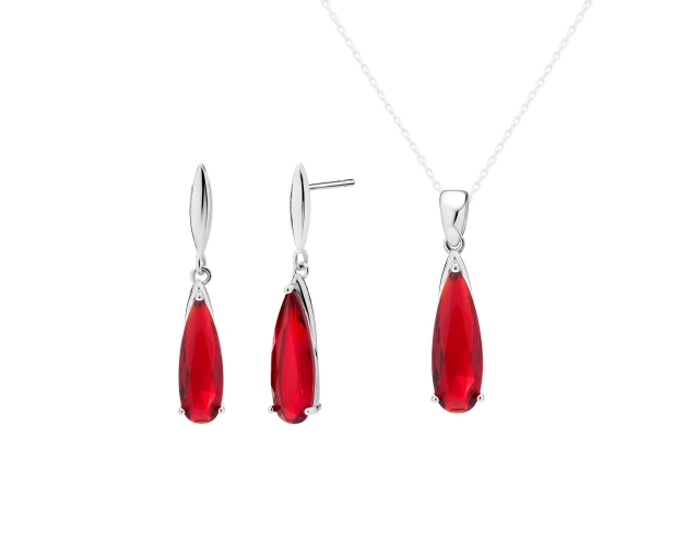 Komplet srebrny z podłużną czerwoną cyrkonią