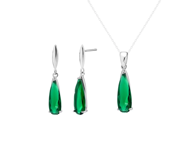 Komplet srebrny z podłużną zieloną cyrkonią
