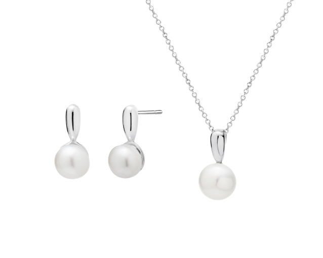Komplet srebrny z białą perłą okrągłą