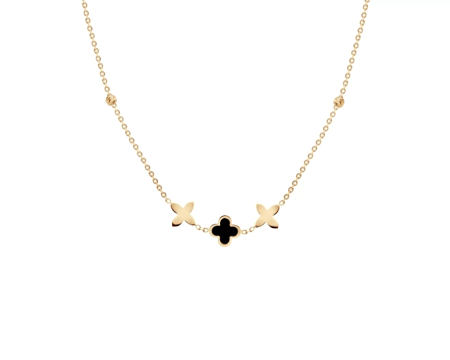 Naszyjnik złoty z czarną koniczynką i złotymi kwiatowymi motywami