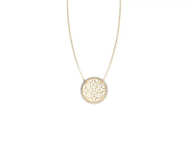 Naszyjnik złoty z okrągłą ażurową zawieszką z roślinnym motywem