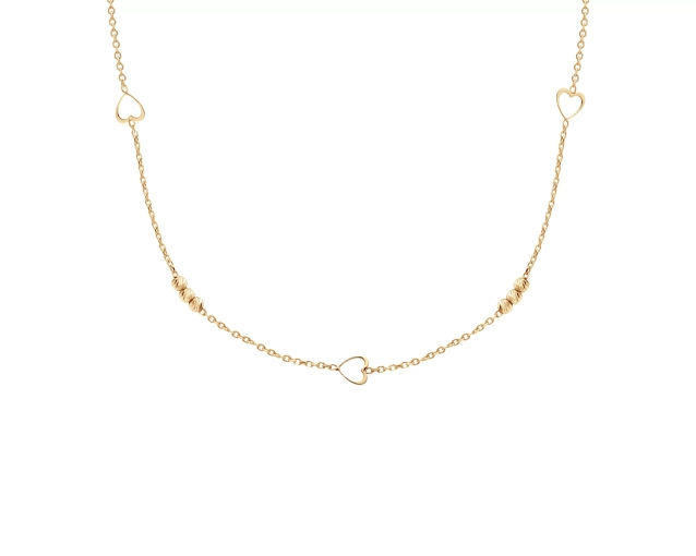 Naszyjnik złoty z sercami i drobnymi kuleczkami 