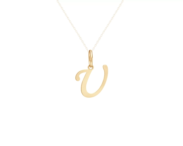 Zawieszka złota litera U z połyskiem na gładkim wykończeniu
