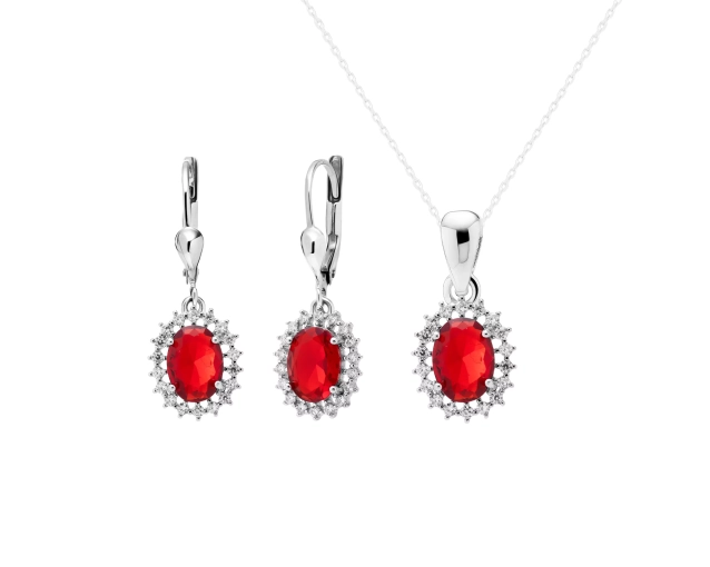 Komplet srebrny z czerwoną cyrkonią i białymi kamieniami