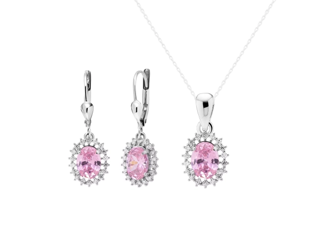 Komplet srebrny z różową i białymi cyrkoniami w owalnej oprawie