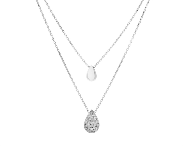 Naszyjnik srebrny podwójny z wisiorkami w kształcie kropli ozdobionymi cyrkoniami