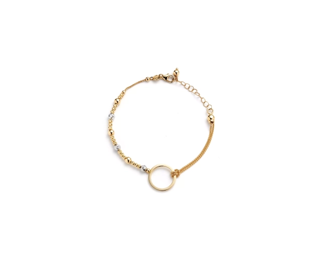 Bransoletka złota z białego i żółtego złota z kółkiem i kulkami