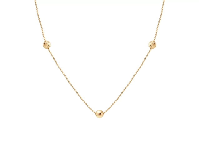 Naszyjnik złoty z trzema ozdobnymi kulkami o różnej fakturze 
