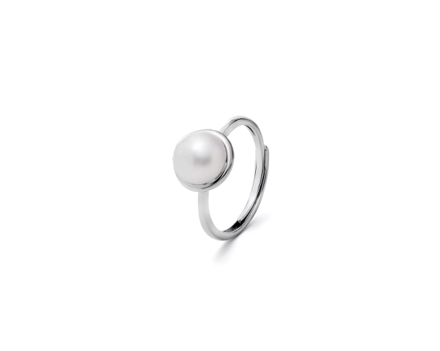 Pierścionek srebrny z białą perłą i otwartą obrączką