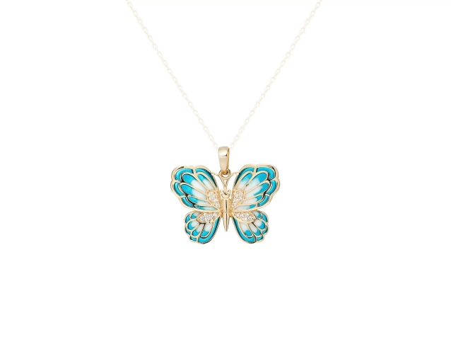 Zawieszka złota motyl z turkusową emalią i białymi cyrkoniami