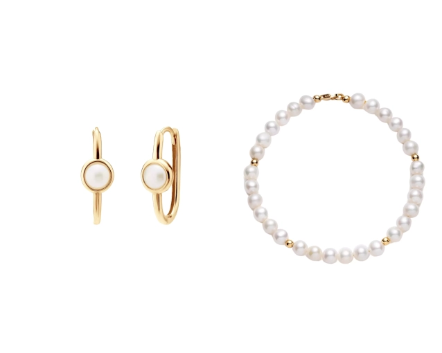 Zestaw złoty kolczyki z perłami i bransoletka perłowa PRZ 0130