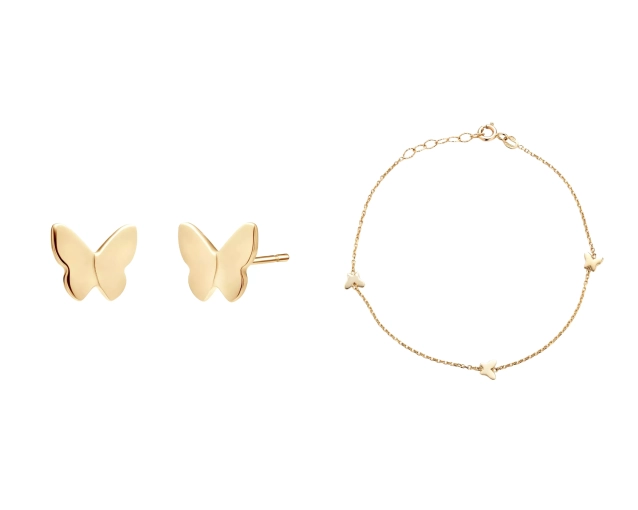 Zestaw złoty kolczyki motylki i bransoletka PRZ 0189