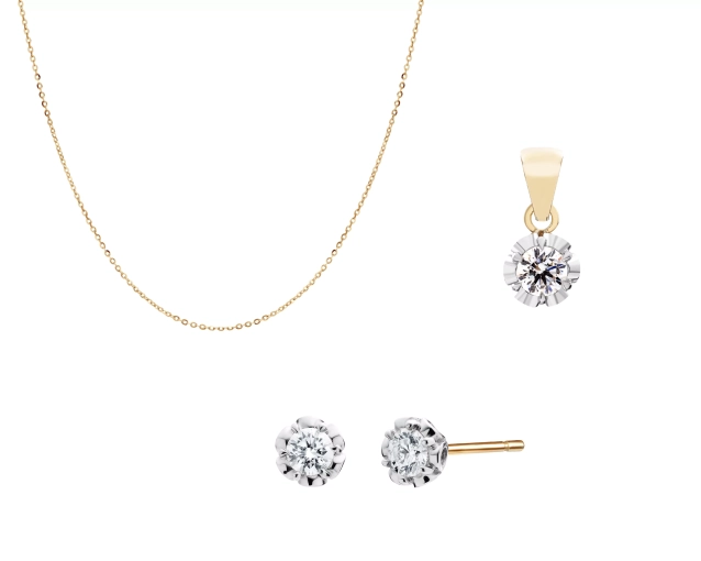 Zestaw złoty łańcuszek zawieszka Róża z brylantami i kolczyki PRZ 0191