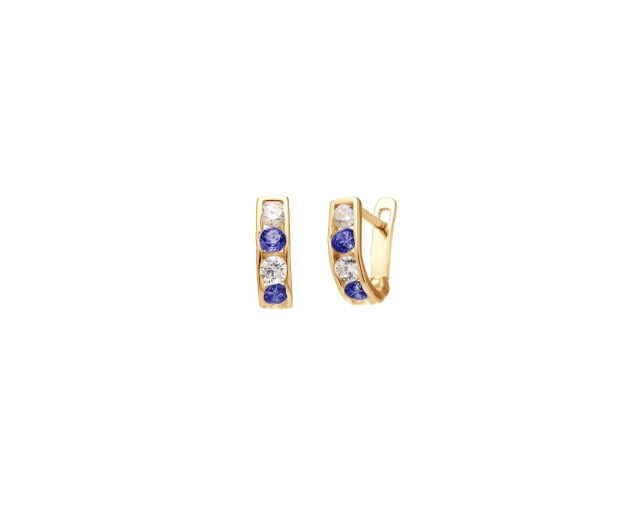 Złote kolczyki z cyrkoniami biało niebieskimi angielskie zapięcie