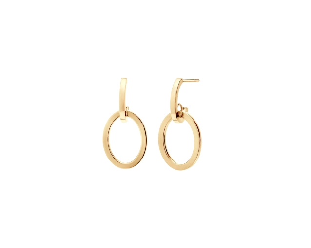 Złote kolczyki wiszące w kształcie koła zawieszonego na półokrągłym sztyfcie