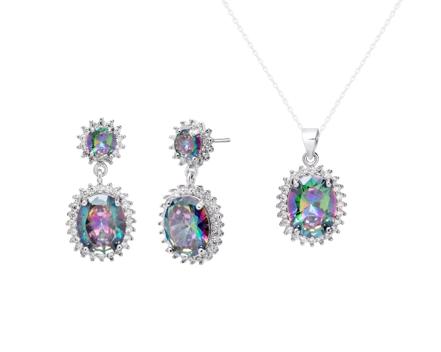 Komplet biżuterii srebrnej z opalizującymi i białymi cyrkoniami